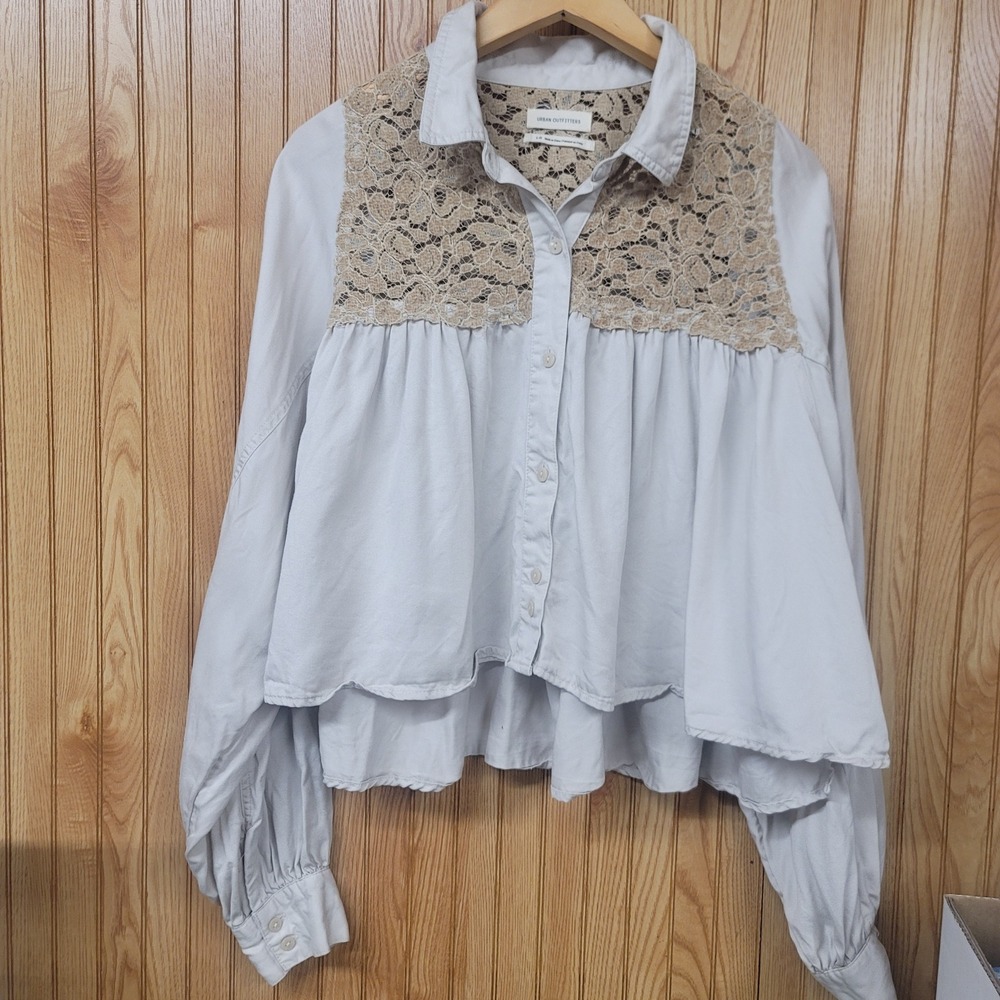 Urban Outfitters Lace Yoke Button Down Balloon Sleeve Shirt Large Boho Cropped